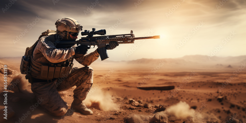 Military sniper in the desert. Sniper mercenary with a rifle aims at the enemy. ai generative - obrazy, fototapety, plakaty 