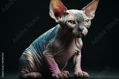 Colorful munchkin sphynx cat with mesmerizing gaze. Generative AI photo