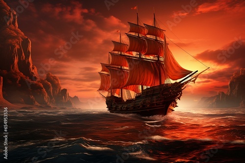Bold fantasy vessel sailing on vibrant seas with epic ambiance. Generative AI