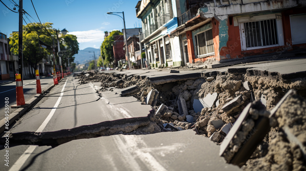 city street cracked and damaged after an earthquake. ai generative