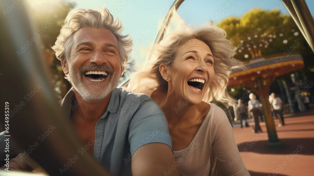 portrait of Happy cheerful mature couple enjoying bike ride on street at park  - obrazy, fototapety, plakaty 