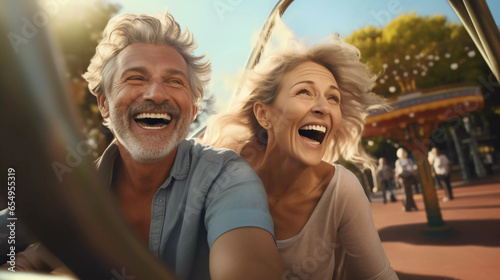 portrait of Happy cheerful mature couple enjoying bike ride on street at park 