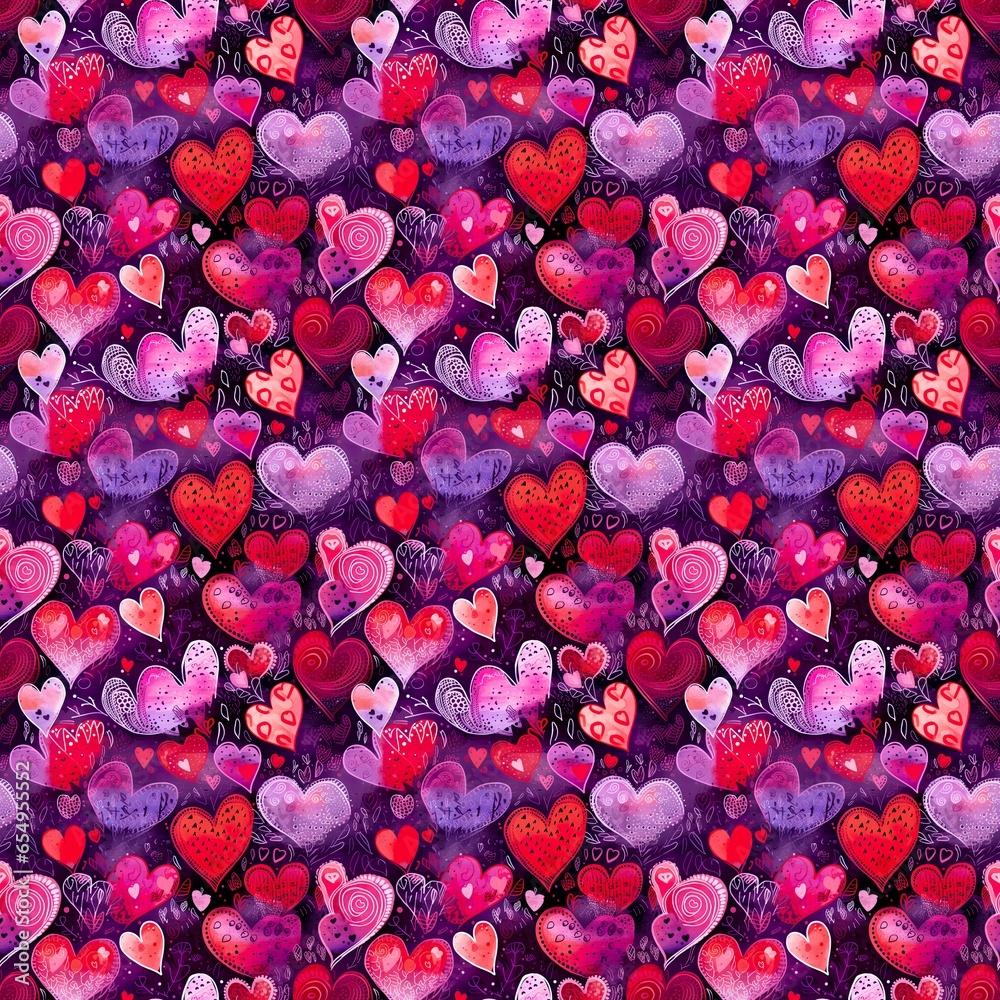 Hearts seamless pattern in pink, purple and red. Repetitive tile design in colorful drawing style with cute doodles. Romantic background for love, emotion. Hearts seamless pattern in pink, purple and red. Repetitive tile design in colorful drawing style with cute doodles. Romantic background for love, emotion.