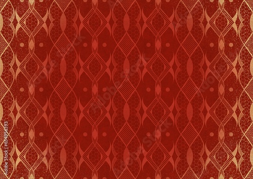 Hand-drawn unique abstract ornament. Light red on a bright red background, with vignette of same pattern and splatters in golden glitter. Paper texture. Digital artwork, A4. (pattern: p12c)