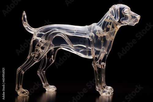 A see-through 3D dog skeletal model on a plain backdrop. Generative AI