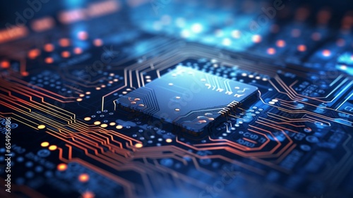 Closeup of electronic circuit board with cpu microchip electronic components background