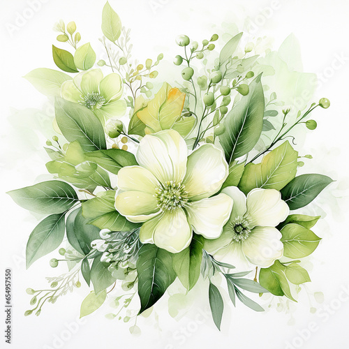Elegant Vintage Floral Illustration with White and Green Flowers