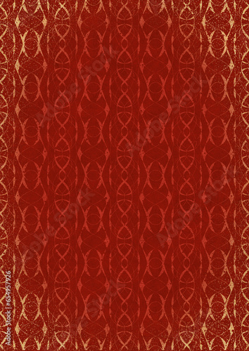 Hand-drawn unique abstract ornament. Light red on a bright red background, with vignette of same pattern and splatters in golden glitter. Paper texture. Digital artwork, A4. (pattern: p10-3f)