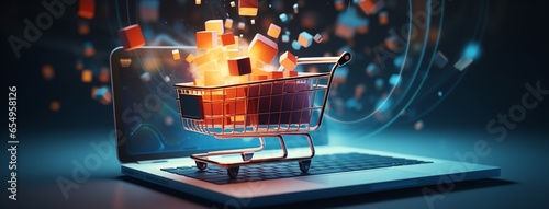 A shopping cart emitting from laptop shopping concept