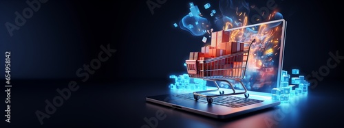 A shopping cart emitting from laptop shopping concept photo