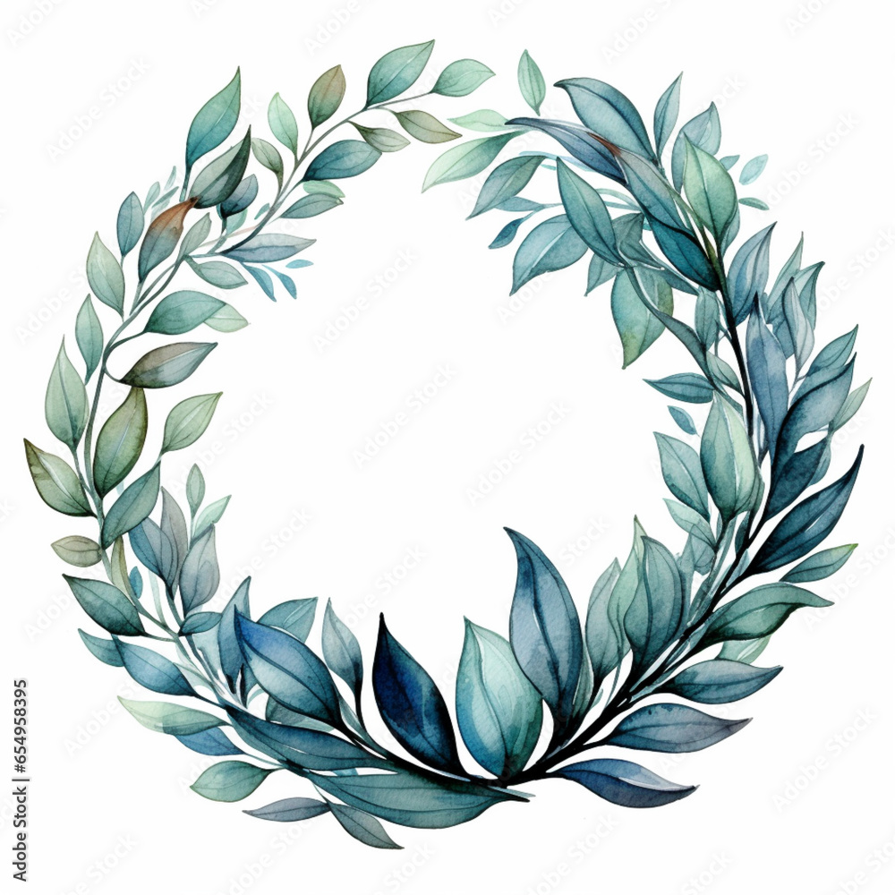 a wreath drawn in watercolor, in the style of dark gray and light azure a wreath drawn in watercolor, in the style of dark gray and light azure