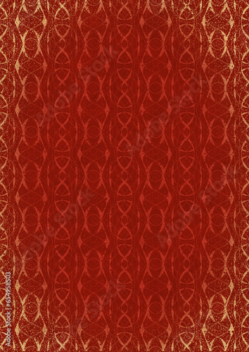 Hand-drawn unique abstract ornament. Light red on a bright red background, with vignette of same pattern and splatters in golden glitter. Paper texture. Digital artwork, A4. (pattern: p10-4f)