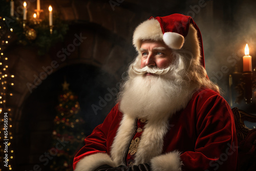 A classic image of Santa Claus, impeccably dressed and surrounded by the enchantment of holiday wonder. Generative Ai © bluebeat76