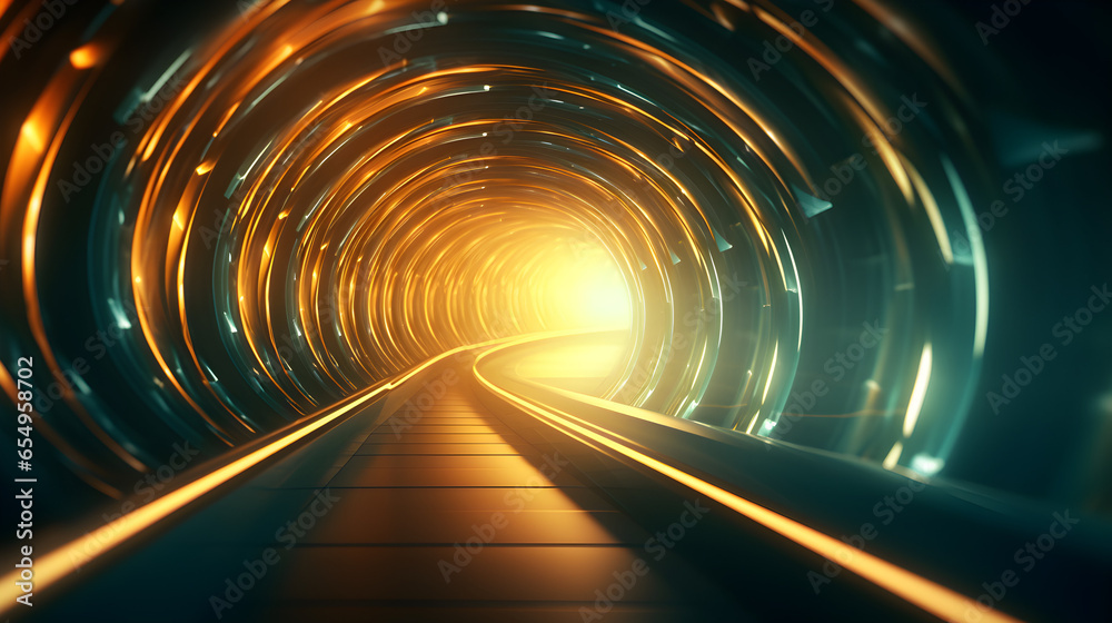 a tunnel aperture f/2.8 depth of field 3d illustration of a tunnel with connected wires and hints of yellow strong streaks of daylight shining through, impactful feel and simple, strong depth of field - obrazy, fototapety, plakaty 