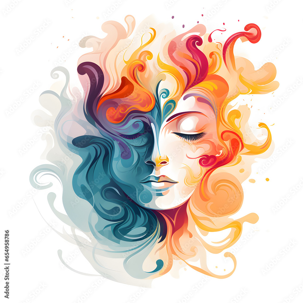 simple abstract illustration front view of a face that depicts emotional v functional messaging using swirls of colour and smoke one half black and white the other half colour on a white background