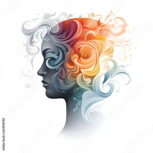 simple abstract illustration front view of a face that depicts emotional v functional messaging using swirls of colour and smoke one half black and white the other half colour on a white background photo