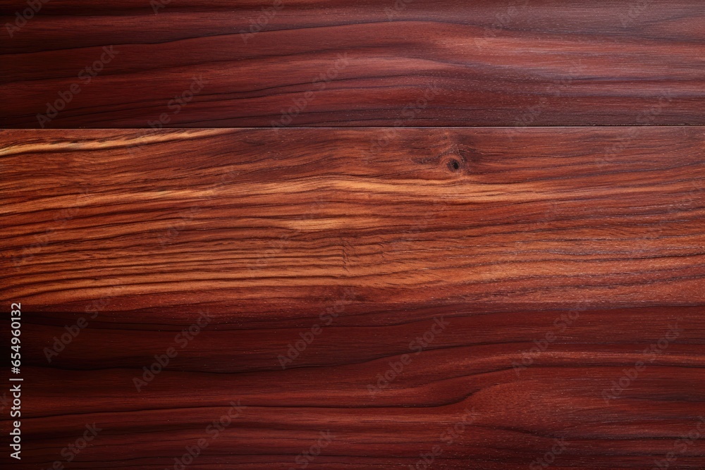 Fototapeta premium Close-up of a polished, dark red-brown wooden surface with natural grain patterns and knots.