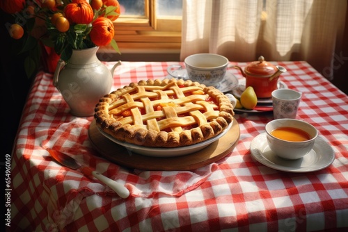 A table with a pie and tea set, covered by a checkered tablecloth, with a vase of flowers in the background. © Sebastian Studio