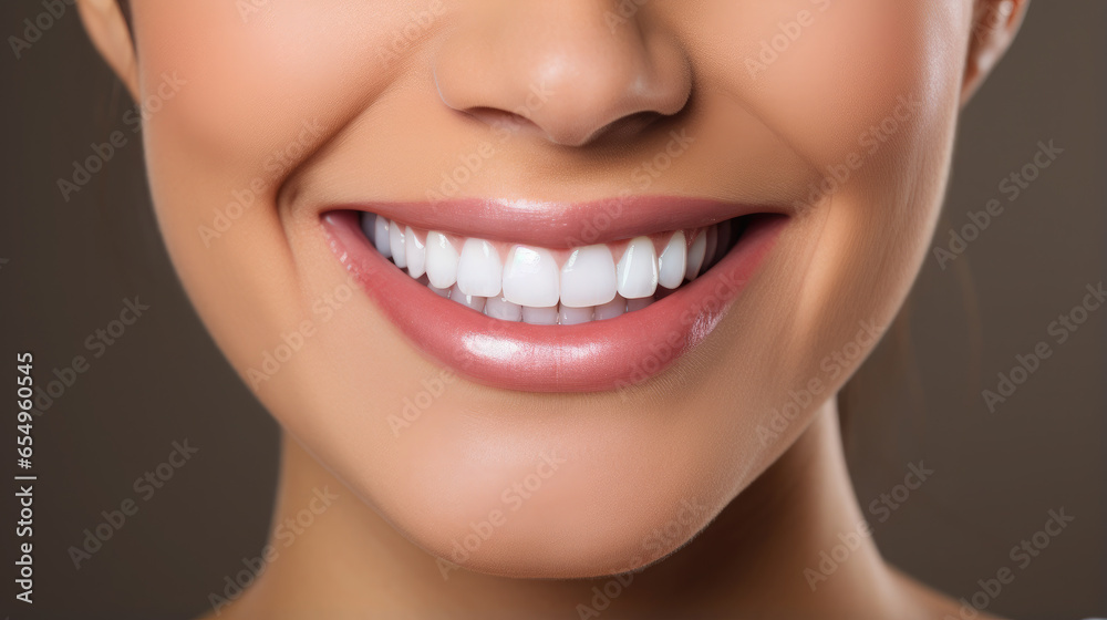 Generative AI, girl with beautiful white healthy teeth smiling, charming snow-white smile, dentistry advertising, oral care, mouth, face, cute woman, space for text, white background Generative AI, girl with beautiful white healthy teeth smiling, charming snow-white smile, dentistry advertising, oral care, mouth, face, cute woman, space for text, white background
