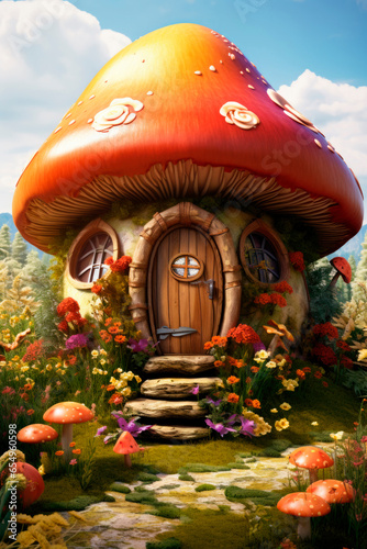 Cute mushrrom house in the praire full of flowers. Illustration. Created with generative ai technology photo