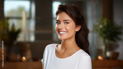 Free Download Generative AI, girl with beautiful white healthy teeth smiling, charming snow-white smile, dentistry advertising, oral care, mouth, face, cute woman, space for text, white background - GFXLoad