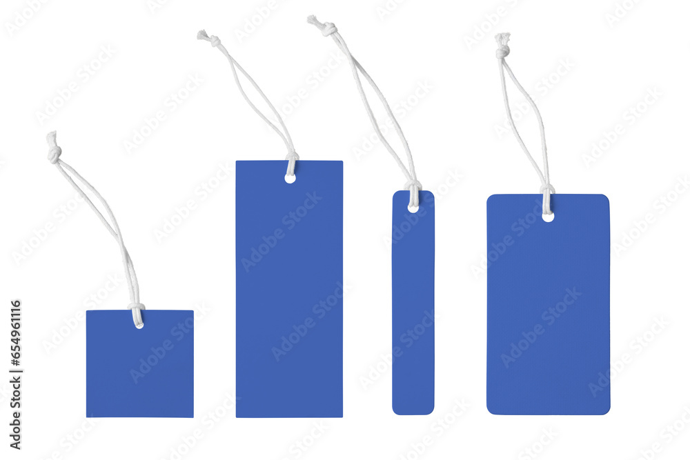 Various shape of blank blue paper label or cloth tag set isolated on white, transparent background, PNG. Price tag mockup template with copy space for brand, information. Shopping, black friday sale