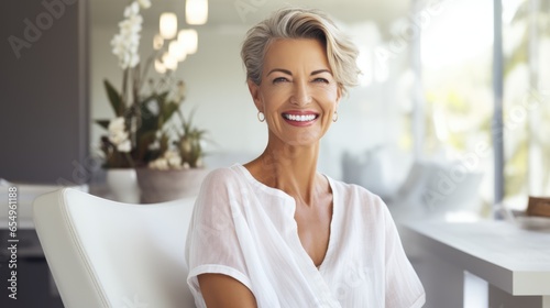 Happy 50 year old woman in light clothes relaxing in a spa salon. Free Download Happy 50 year old woman in light clothes relaxing in a spa salon. - GFXLoad