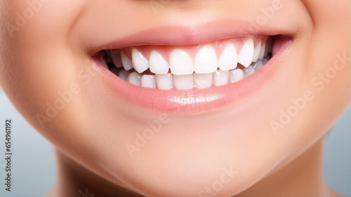 Generative AI, girl with beautiful white healthy teeth smiling, charming snow-white smile, dentistry advertising, oral care, mouth, face, cute woman, space for text, white background