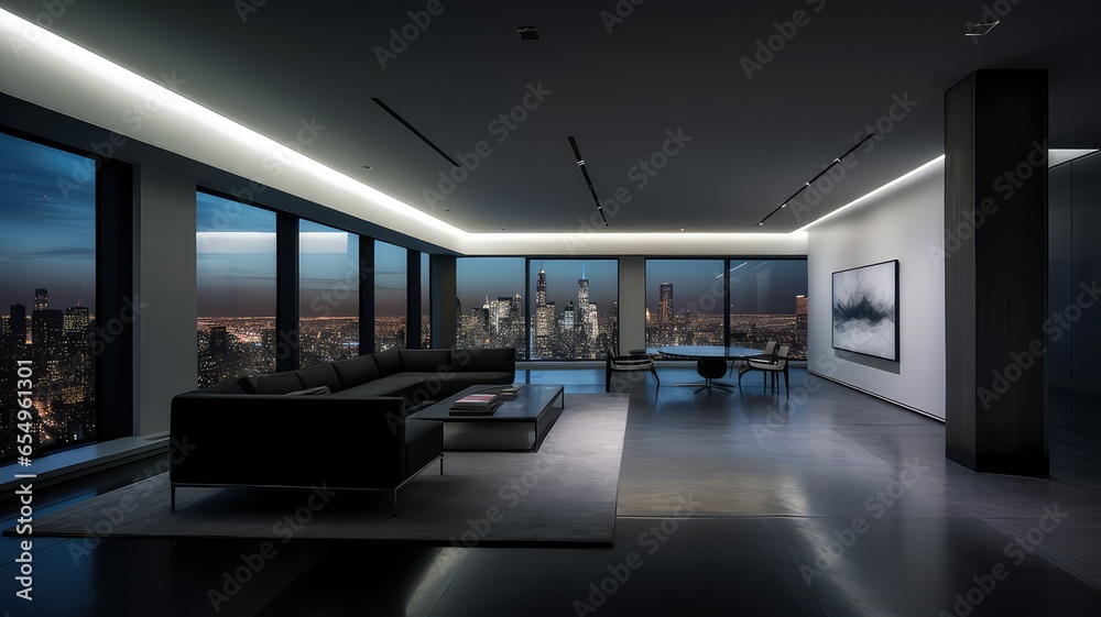 The interior of a modern apartment in a skyscraper with a leather corner sofa and abstraction on the wall
