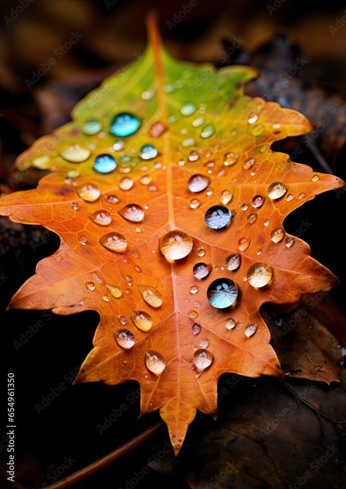 Multi-Coloured Autumn Leaf Covered with Drew Drops Multi-Coloured Autumn Leaf Covered with Drew Drops