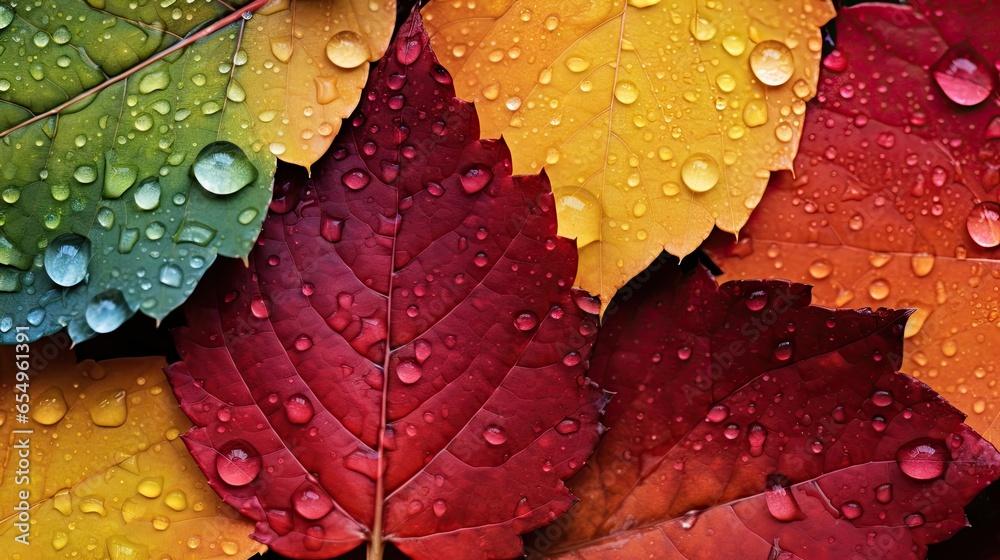 Fototapeta premium Multi-Coloured Autumn Leaf Covered with Drew Drops