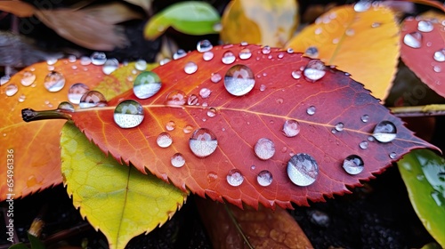 Multi-Coloured Autumn Leaf Covered with Drew Drops
