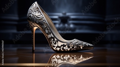 a luxurious pair of high-heeled stilettos with intricate lace detailing and a glossy finish, exuding timeless elegance photo