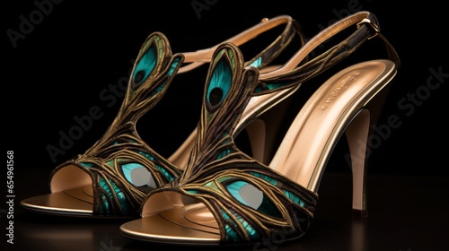 a pair of art deco-inspired peacock feather sandals, capturing the opulence of the Roaring Twenties © khoobi's ART