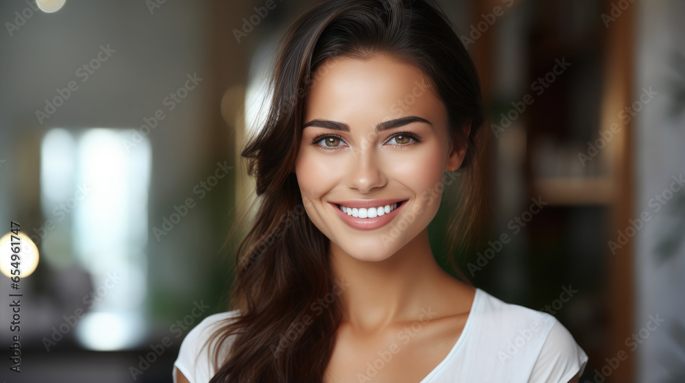 Generative AI, girl with beautiful white healthy teeth smiling, charming snow-white smile, dentistry advertising, oral care, mouth, face, cute woman, space for text, interior background - obrazy, fototapety, plakaty 