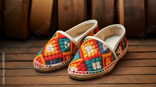 a pair of bohemian-inspired espadrilles with vibrant, handwoven patterns that evoke a sense of wanderlust