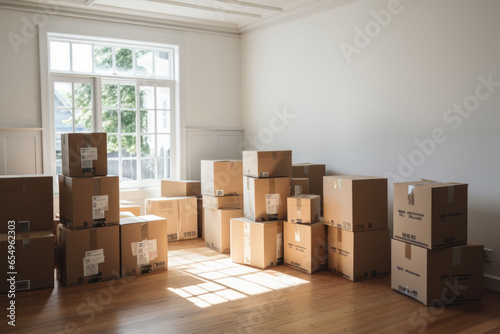 Moving in. Stack of cardboard boxes in the empty room. Generative AI © barmaleeva