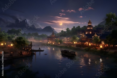 A tranquil riverside village at dusk, a scene of peaceful living. © Tachfine Art