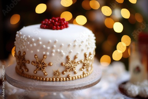 Decorated Christmas cake complete with intricate frosting design. Generative AI