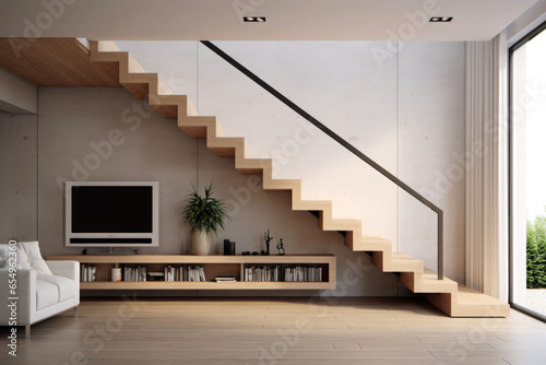 Wooden stairway leading to second floor of modern luxury apartment with minimalist interior design. AI generated