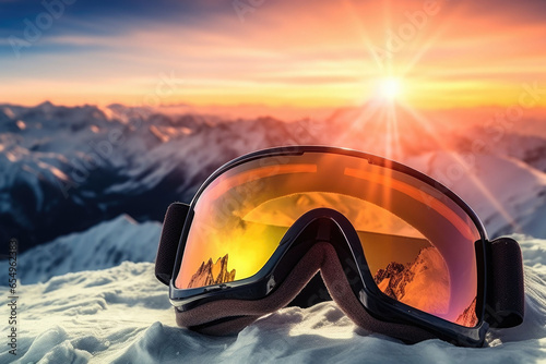 Snow glasses with rays of the setting sun. Winter sports equipment. Generative AI photo