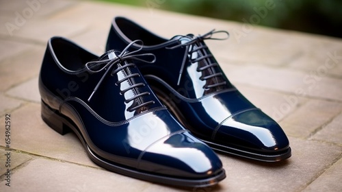 a pair of sleek, monochromatic oxford shoes in a shade of deep navy, perfect for a formal occasion
