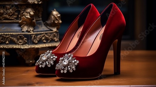a pair of velvet platform heels featuring a regal brooch embellishment, adding a touch of royalty to any outfit