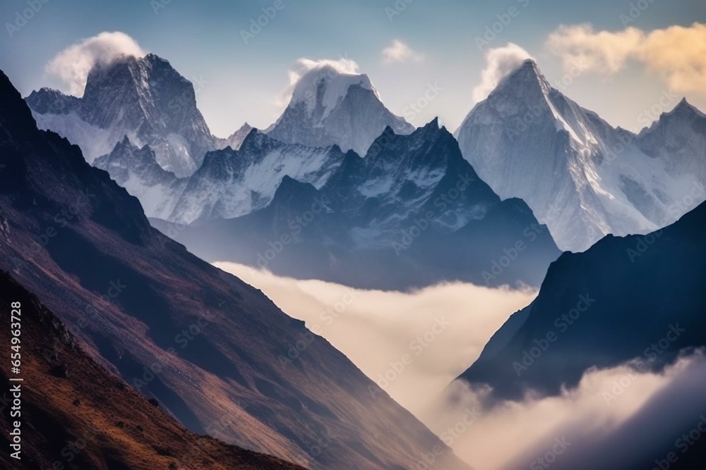 Stunning scenery of grand misty peaks. Generative AI