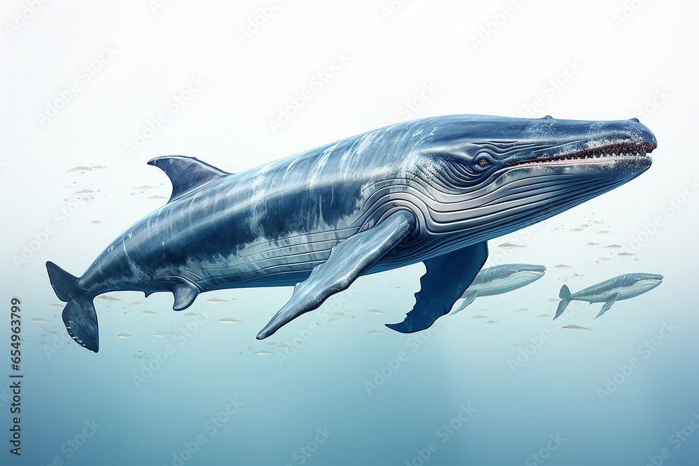 Fototapeta premium Blue whale isolated in ultra transparent white background