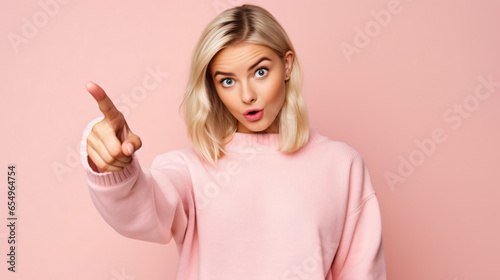 Teenager blonde girl wearing a sweater over isolated pink background surprised and pointing side