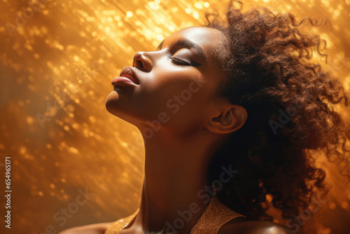 american african woman in golden light with closed eyes