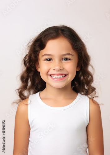 Generative AI, little girl with beautiful white healthy teeth smiling, charming snow-white smile, dentistry advertising, oral care, mouth, face, cute child, space for text, dental clinic for kids
