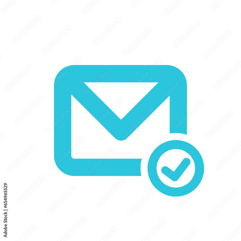 The letter symbol. Sign mail icon recieve on white background. With confirmation check. From blue icon serie. The letter symbol. Sign mail icon recieve on white background. With confirmation check. From blue icon serie.