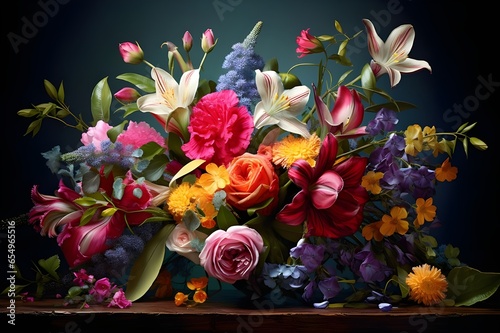 An exquisite bouquet of fresh, vibrant flowers, bursting with colors and life.